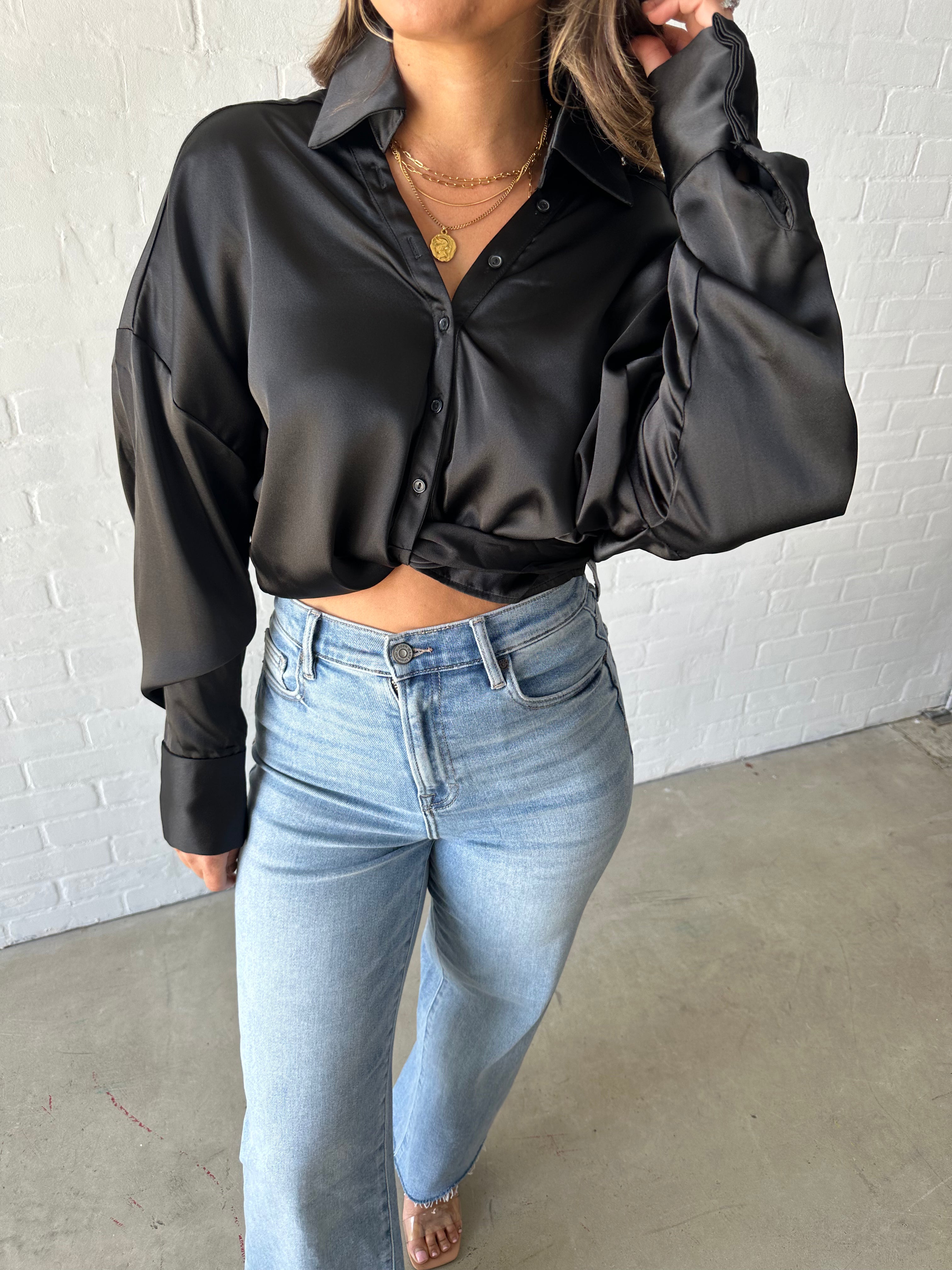 Black Front-Tie Satin Top