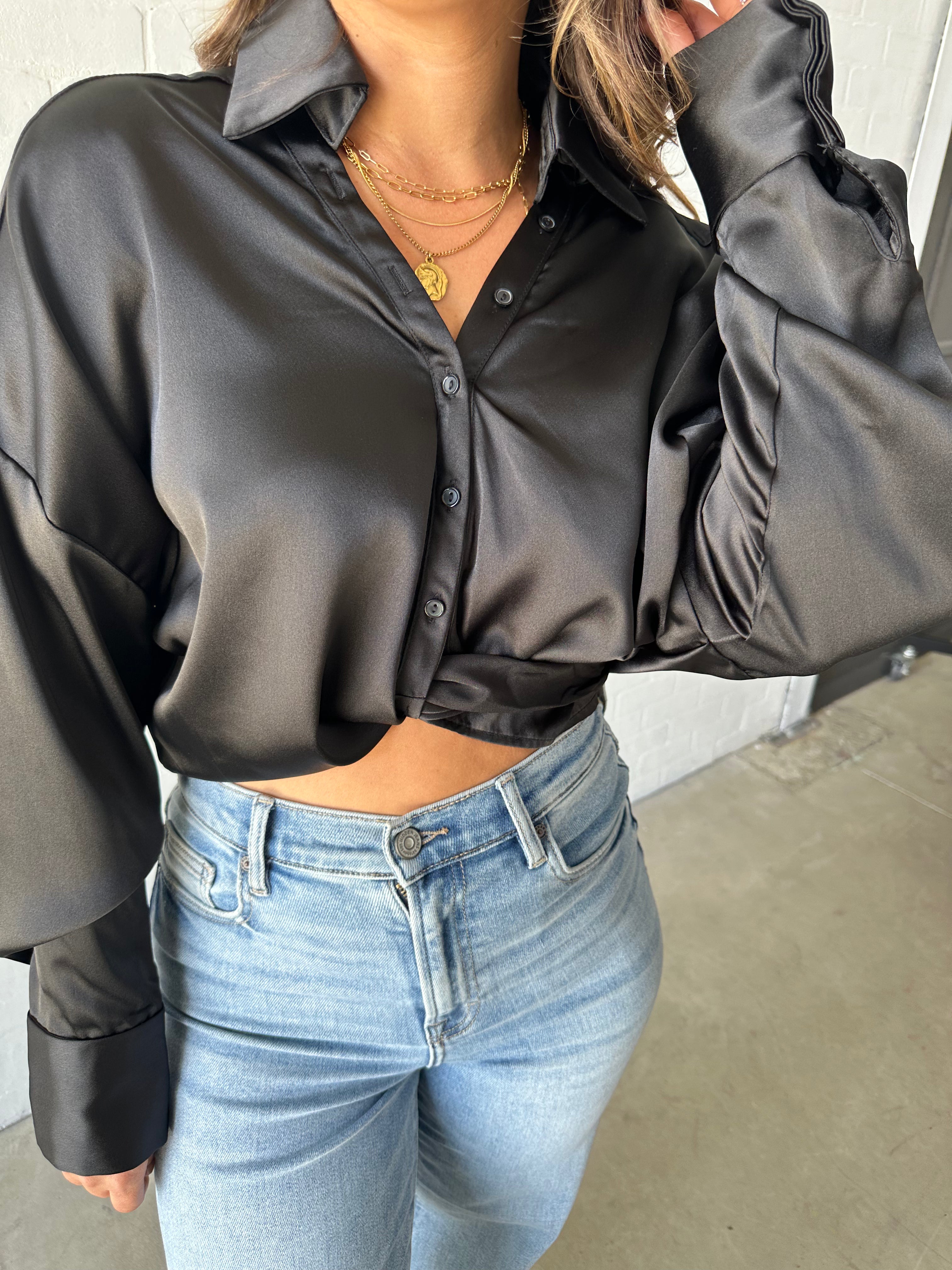 Black Front-Tie Satin Top
