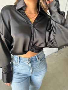 Black Front-Tie Satin Top