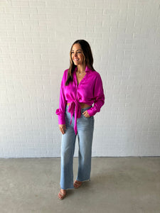 Magenta Front-Tie Satin Top