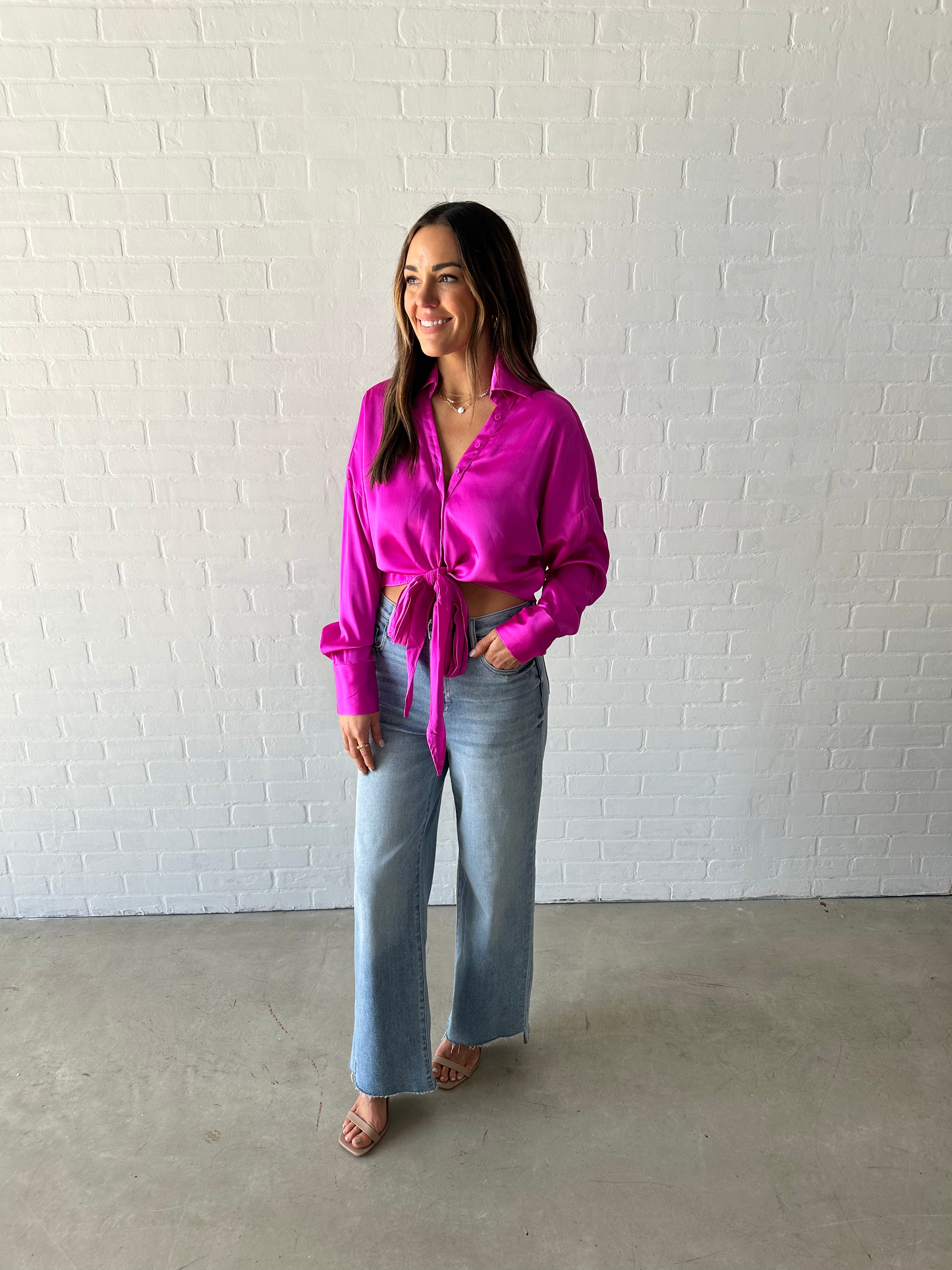 Magenta Front-Tie Satin Top