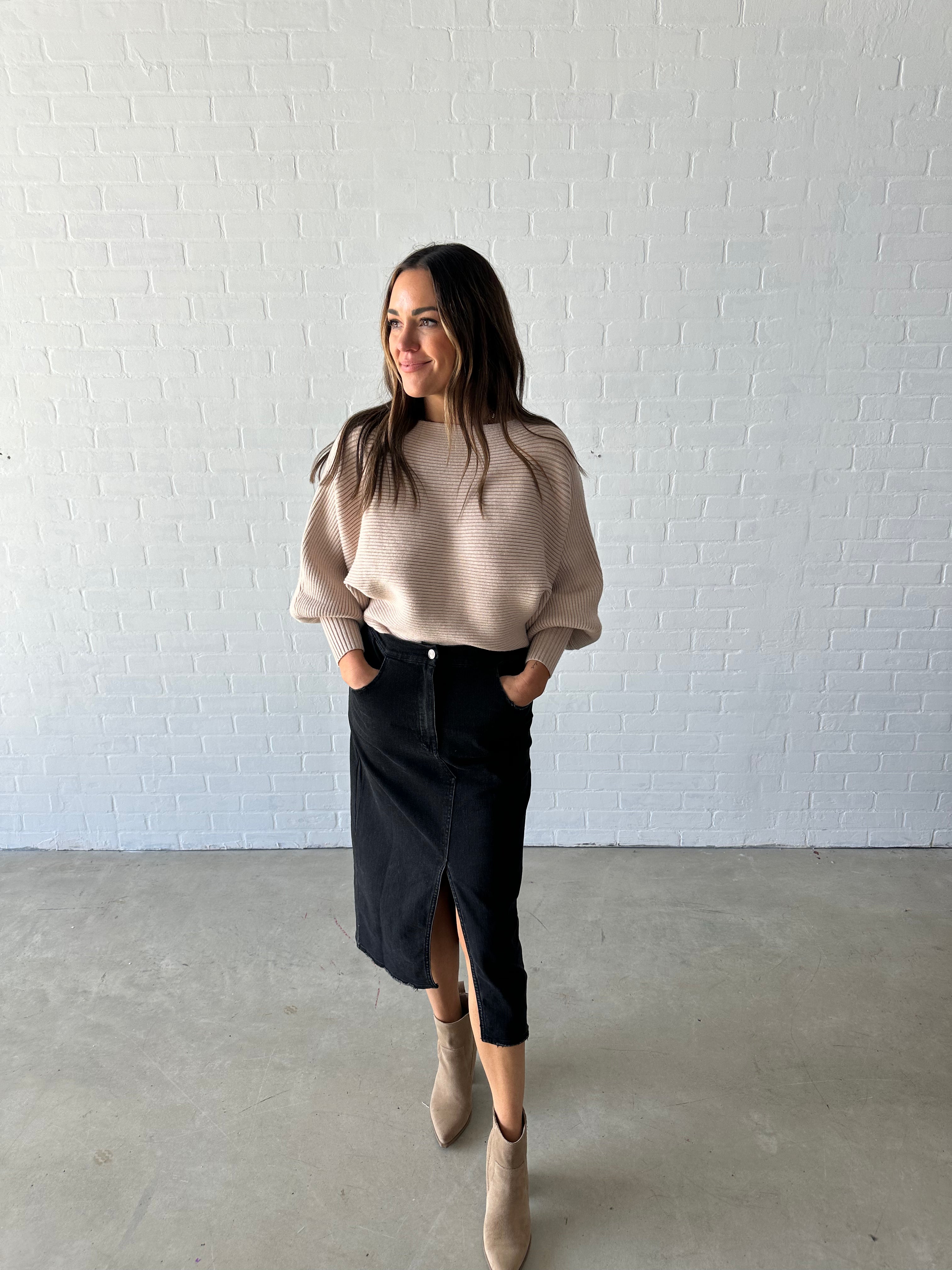 Taupe Wide Neck Balloon Sleeve Sweater