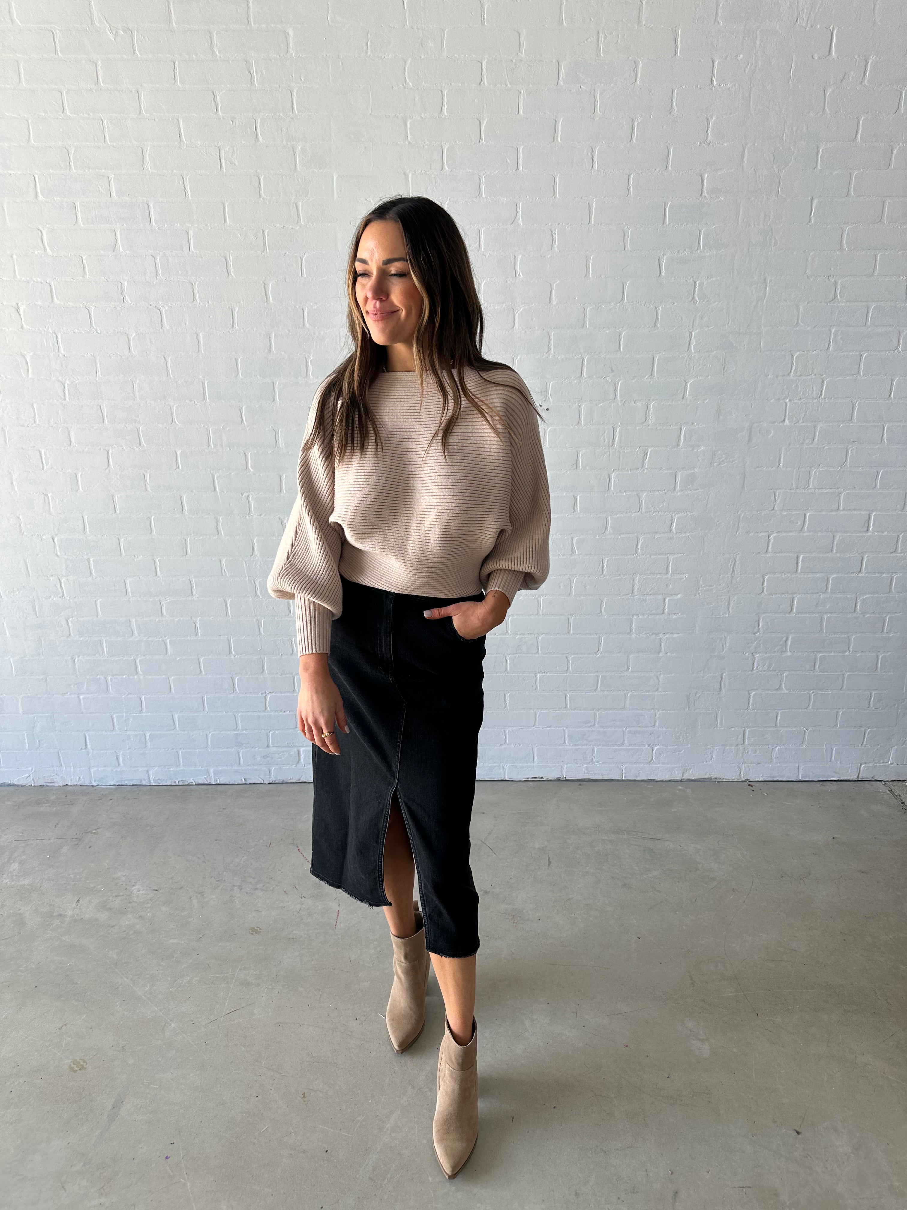 Taupe Wide Neck Balloon Sleeve Sweater