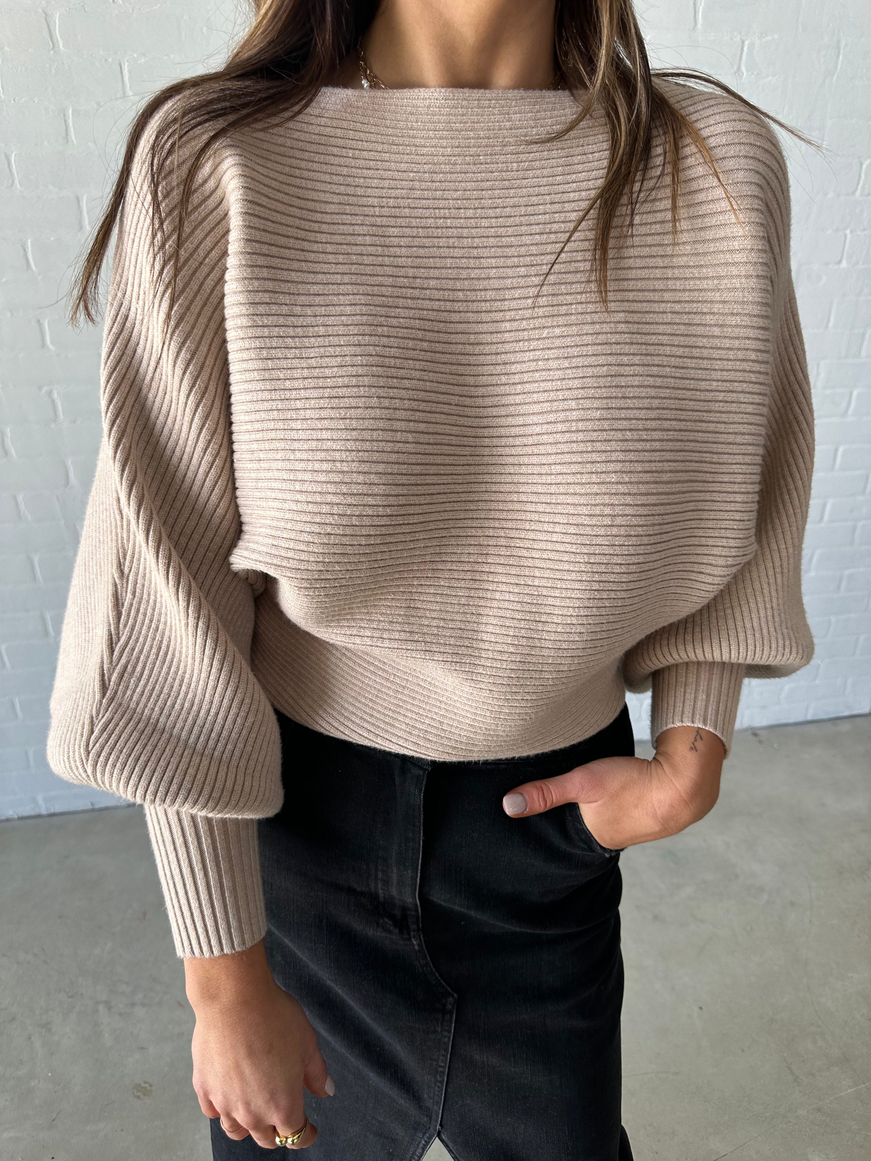 Taupe Wide Neck Balloon Sleeve Sweater