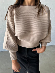 Taupe Wide Neck Balloon Sleeve Sweater