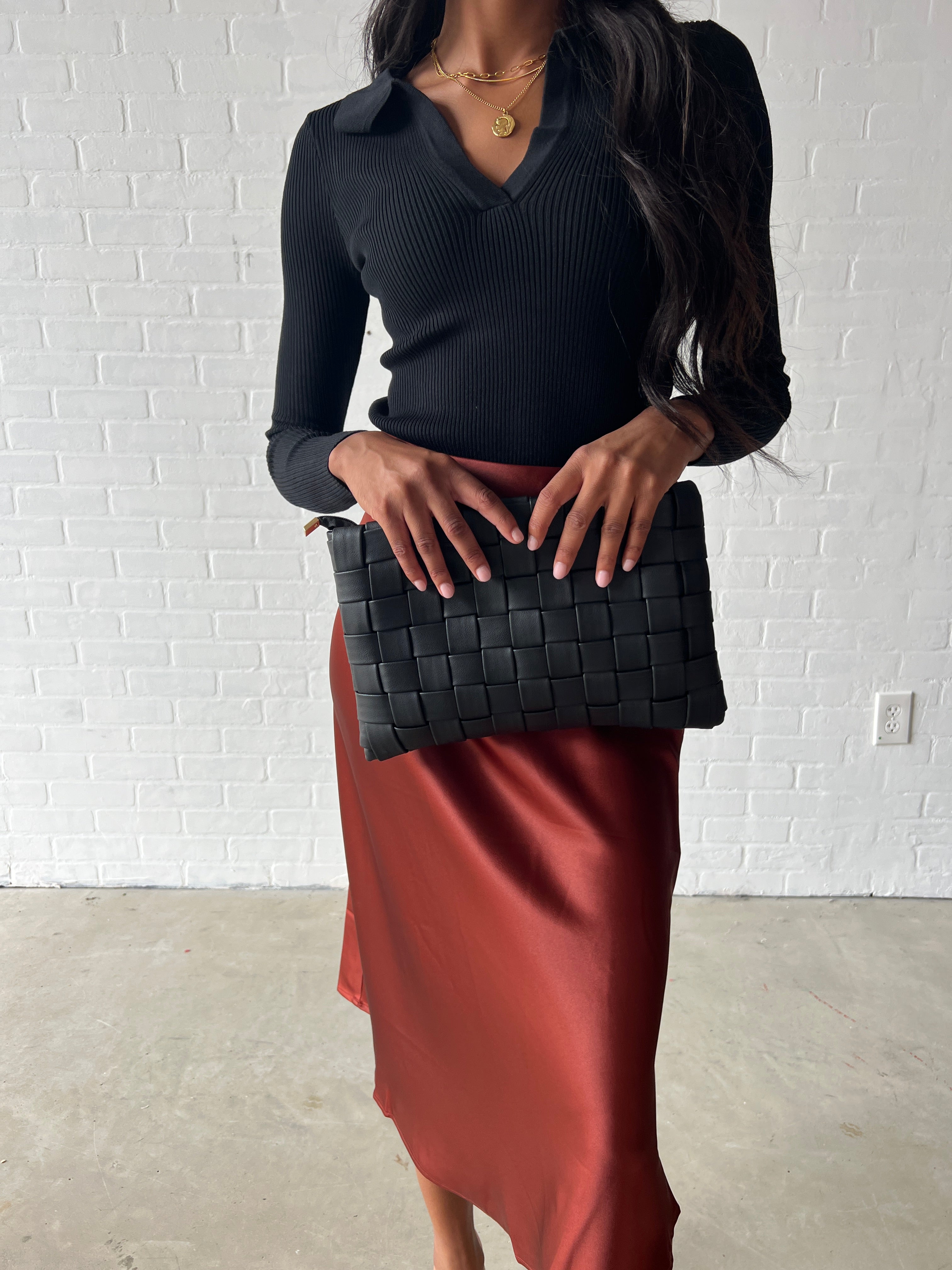 Black Woven Zipper Clutch with Crossbody Strap