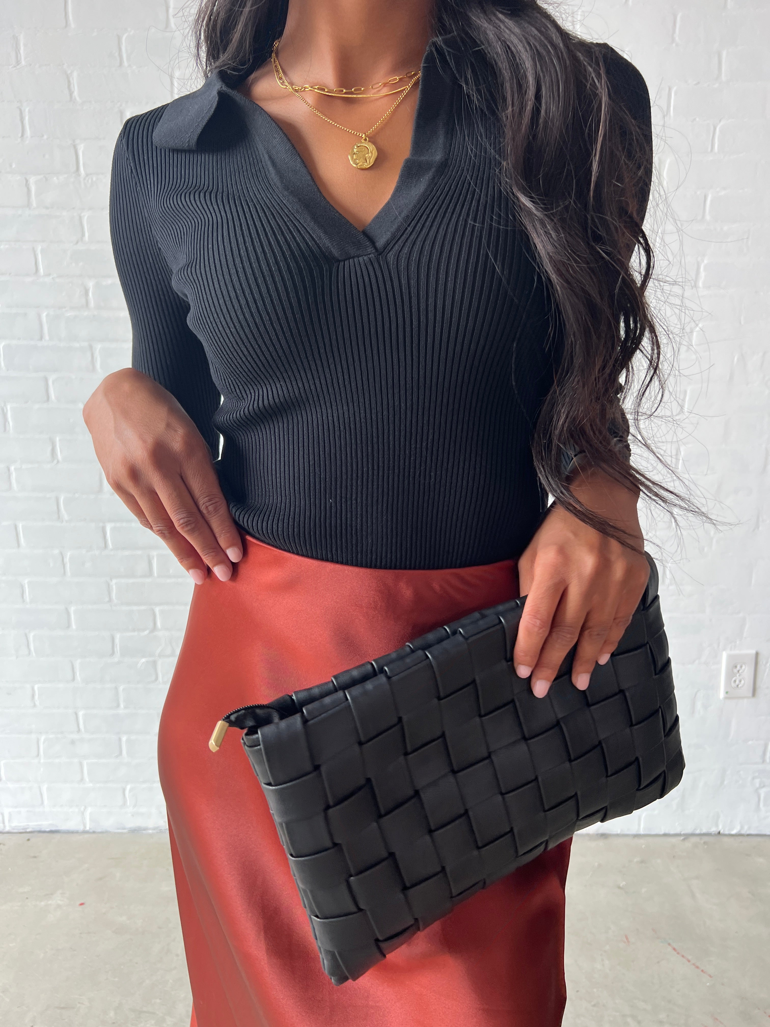 Black Woven Zipper Clutch with Crossbody Strap