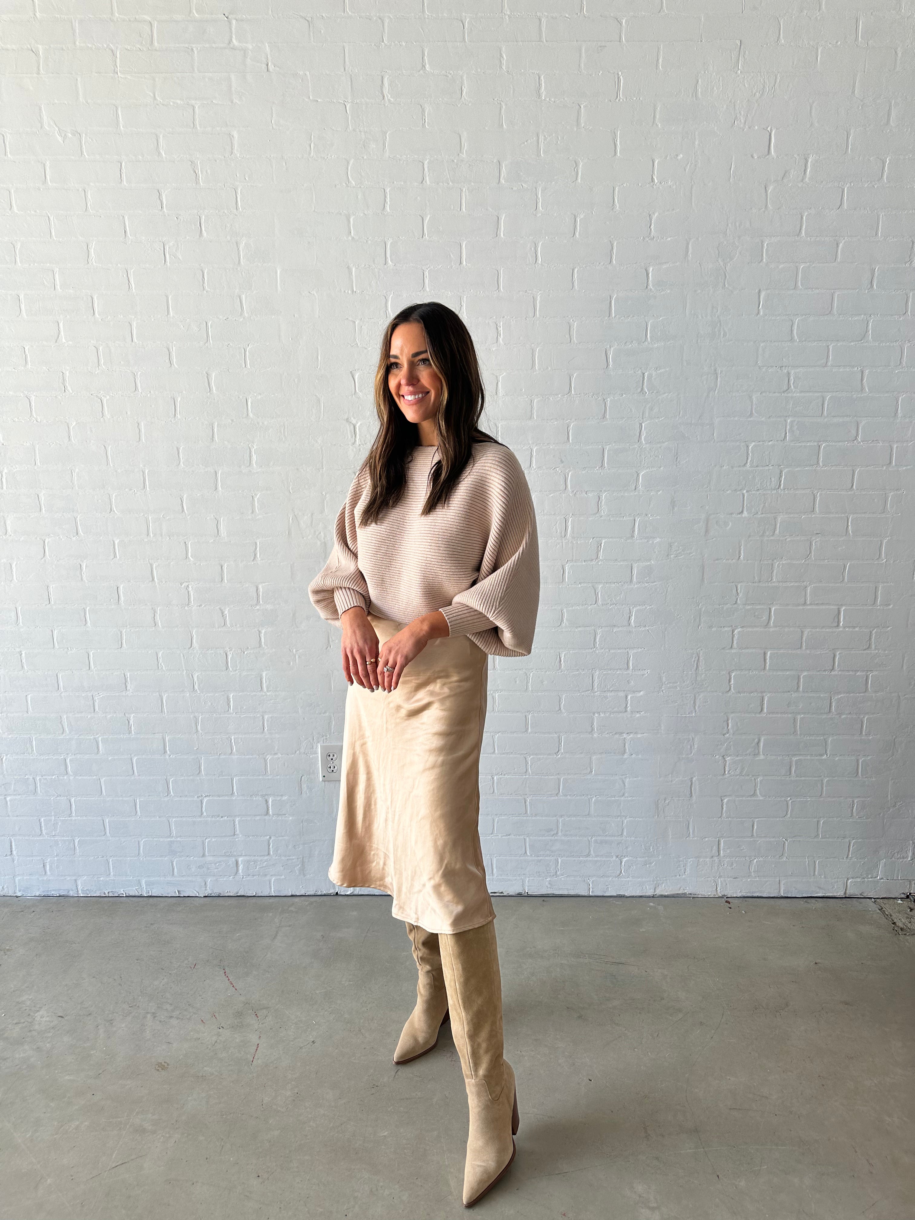 Champagne Satin Midi Skirt