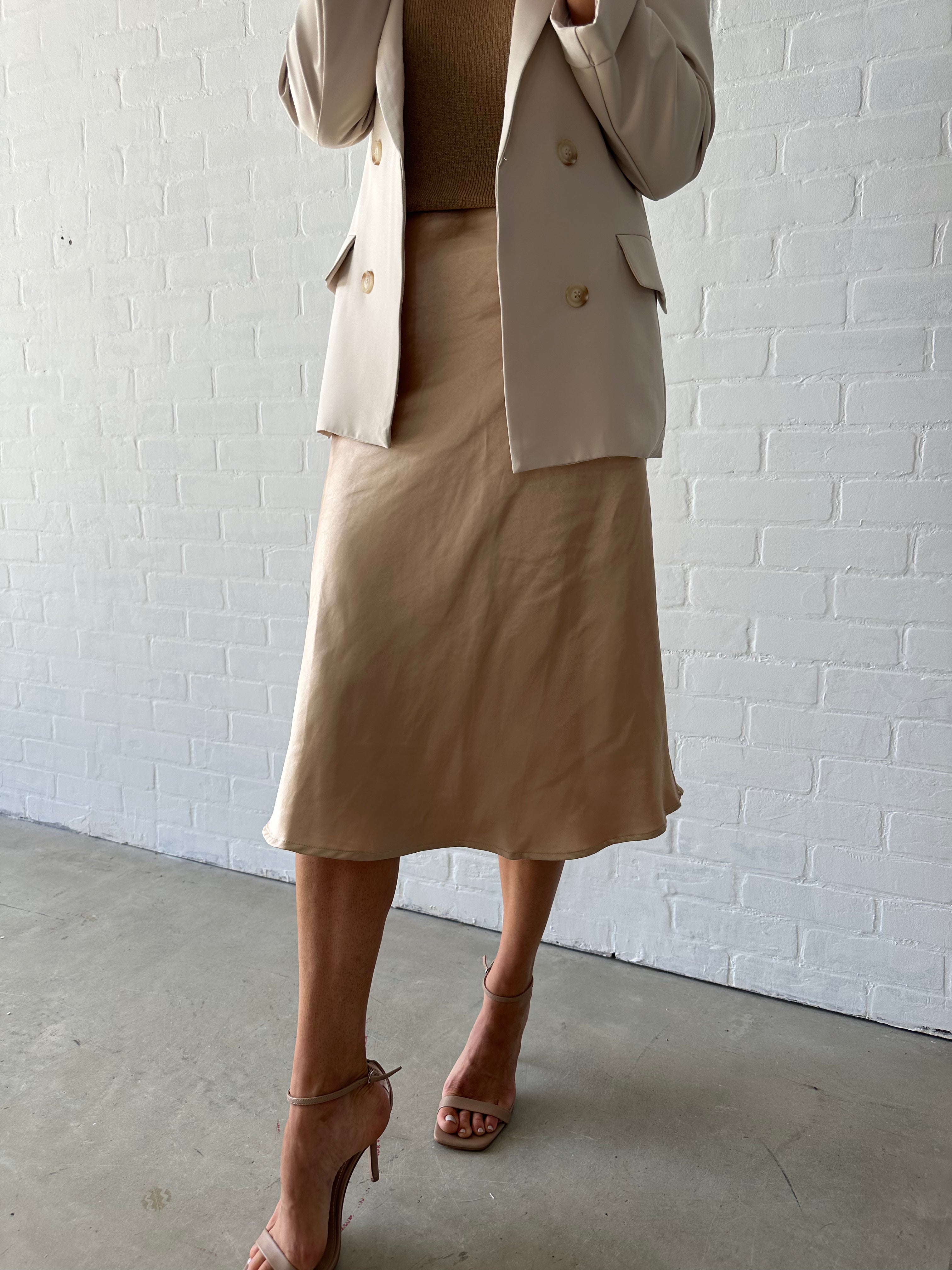 Champagne Satin Midi Skirt