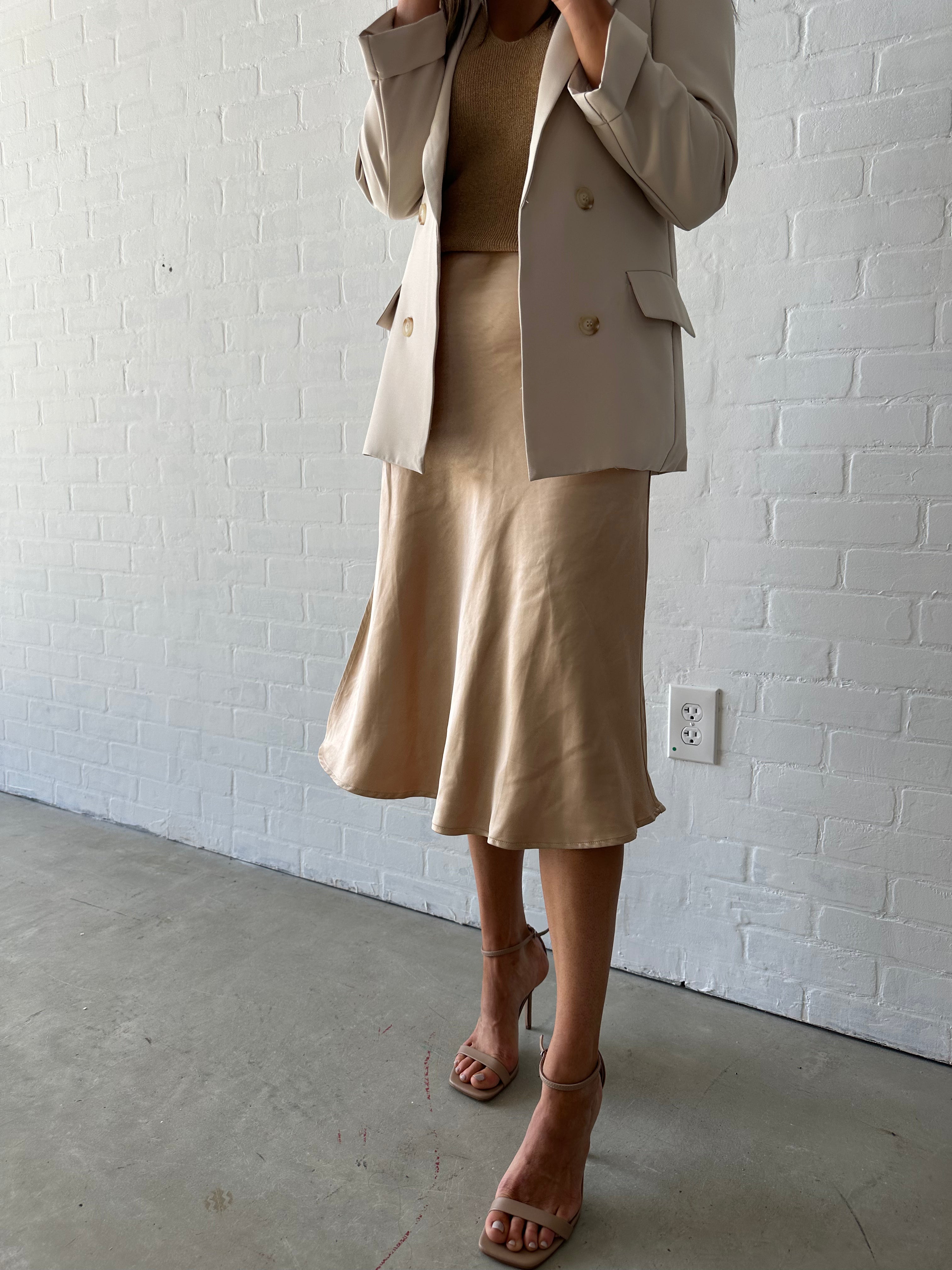 Champagne Satin Midi Skirt