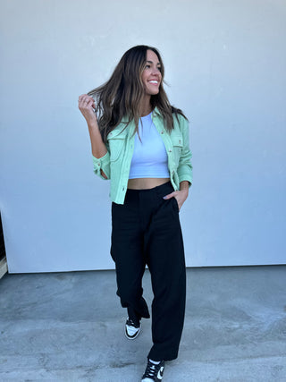 Mint Green Brushed Terry Cropped Shacket