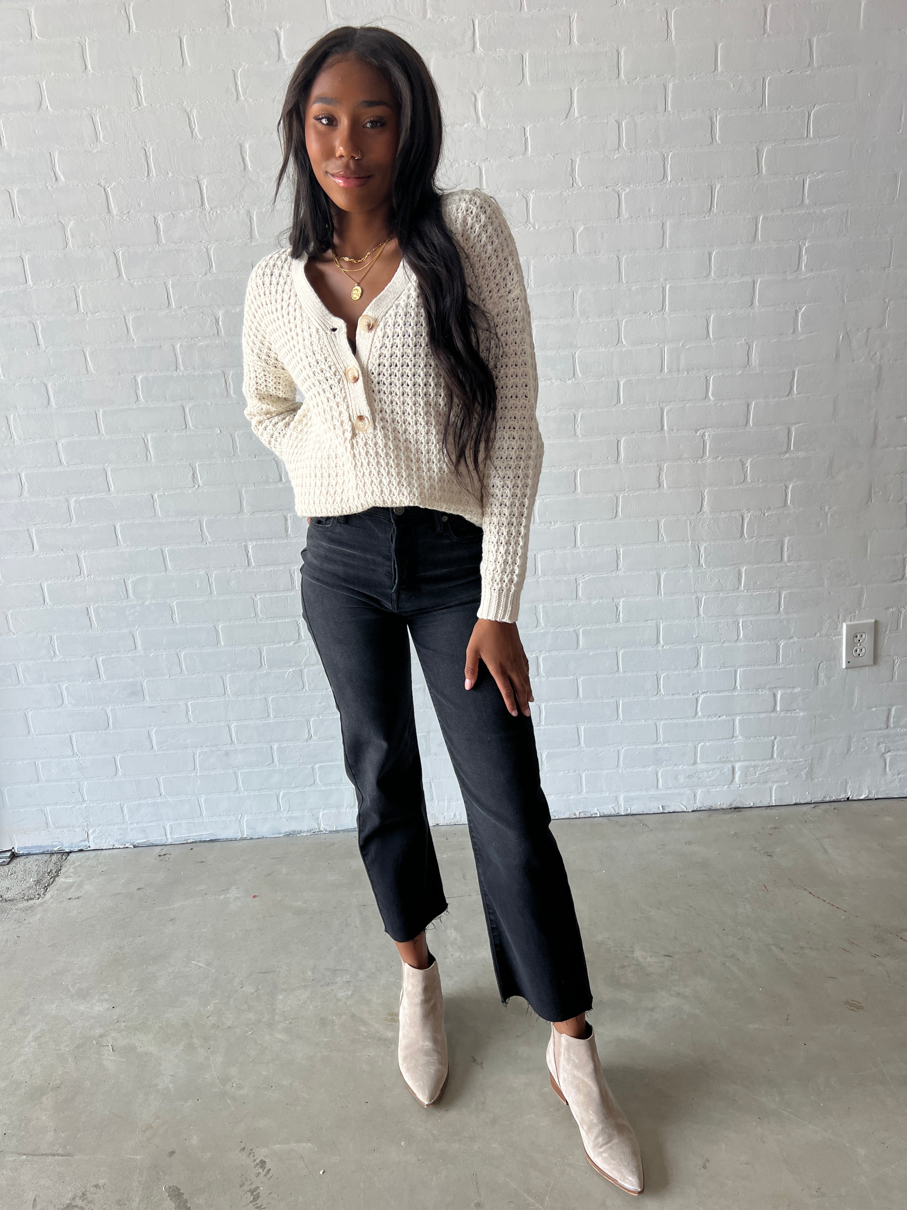 Ivory Crochet Henley Sweater