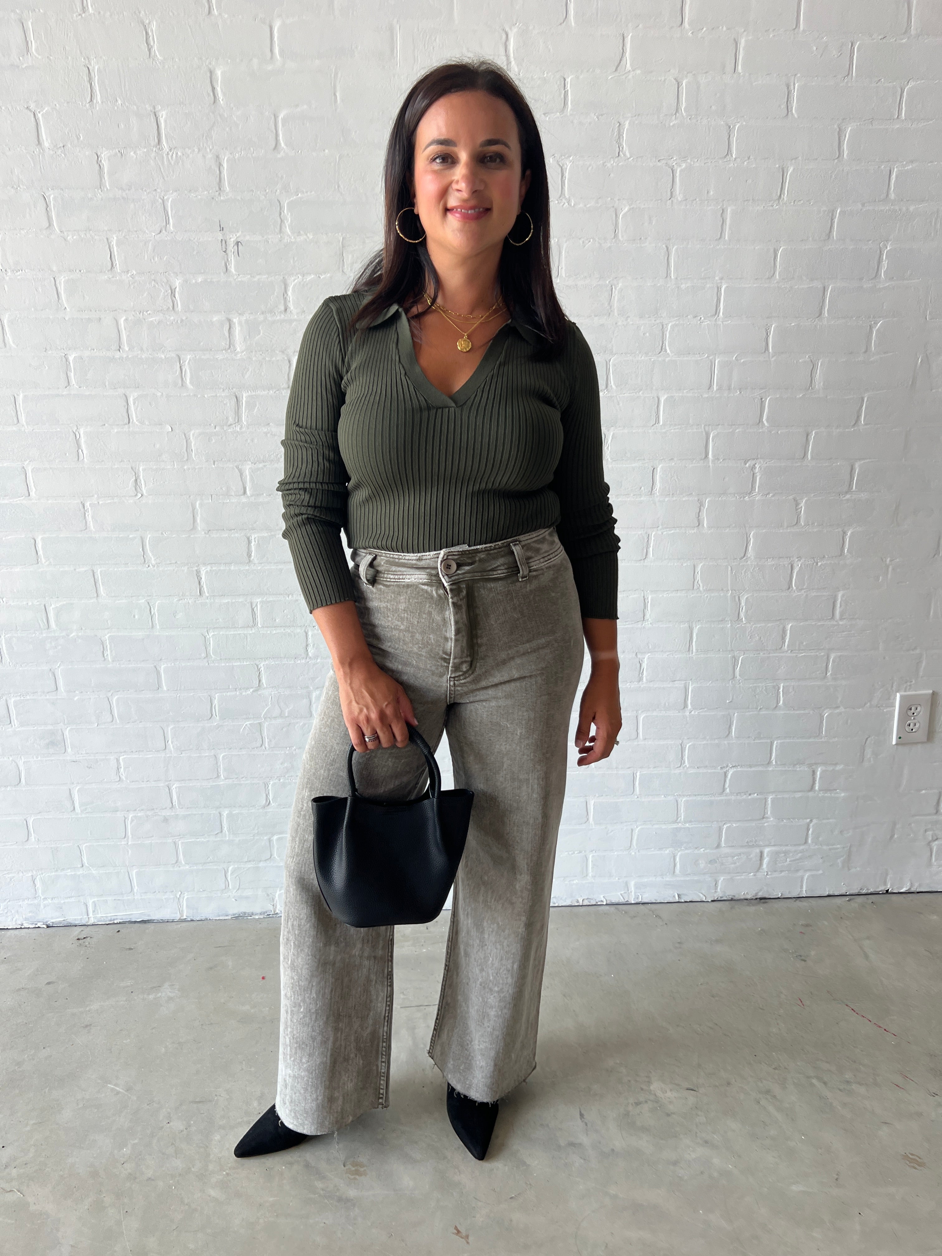 Washed Olive Wide-Leg High-Waisted Denim