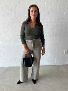 Washed Olive Wide-Leg High-Waisted Denim
