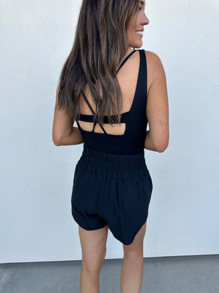 Black Active Romper with Criss-Cross Back