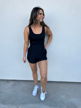 Black Active Romper with Criss-Cross Back