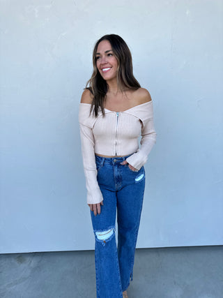 Light Taupe Off-Shoulder Sweater with Zipper