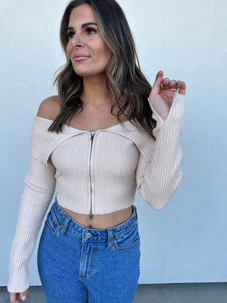 Light Taupe Off-Shoulder Sweater with Zipper