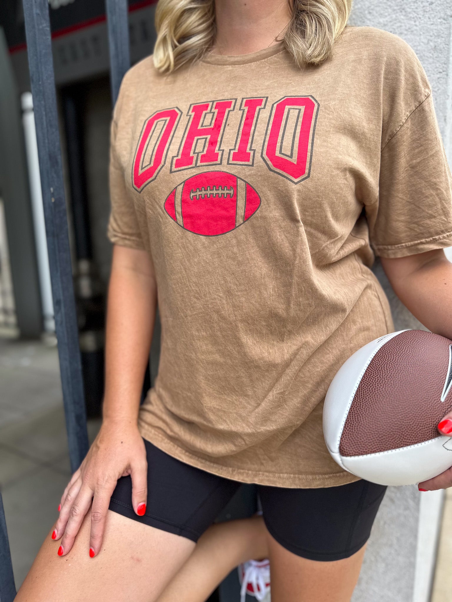 The Brown/Red Mineral Washed OHIO Football Tee