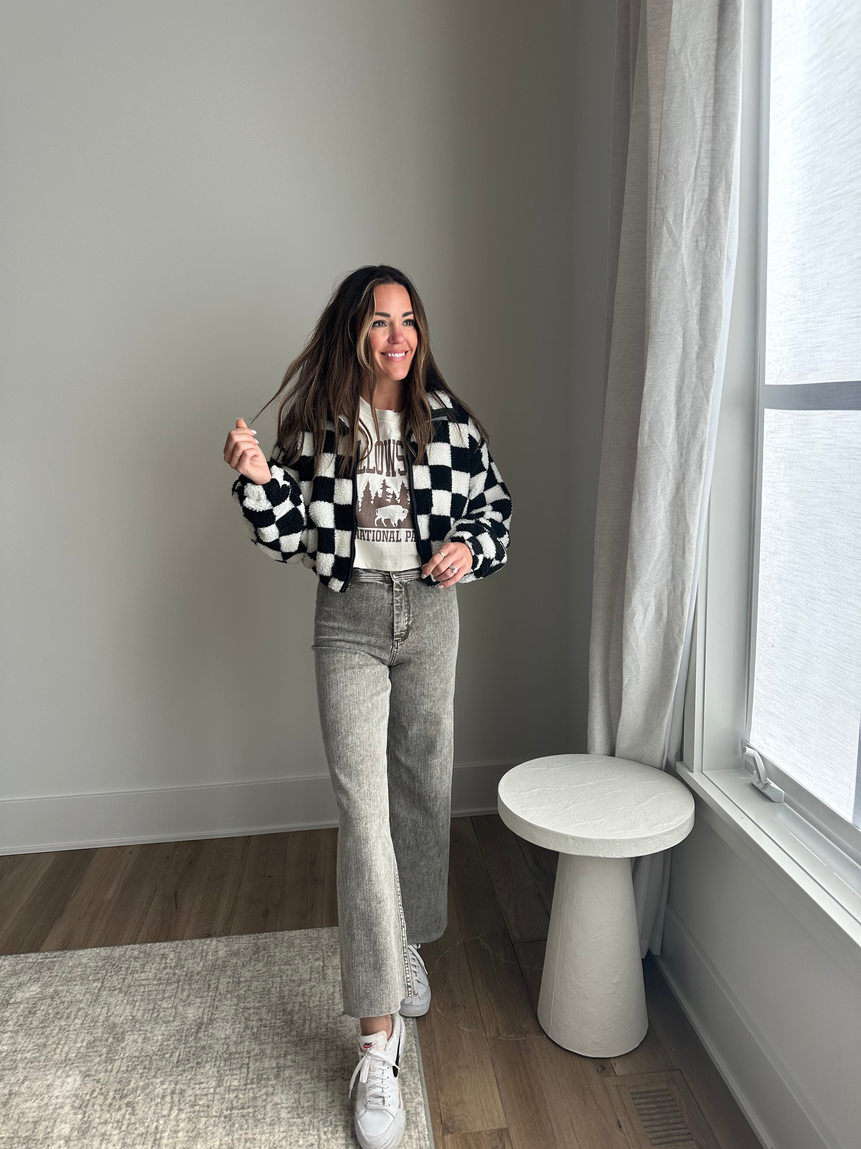 Black Checkered Cropped Sherpa Jacket