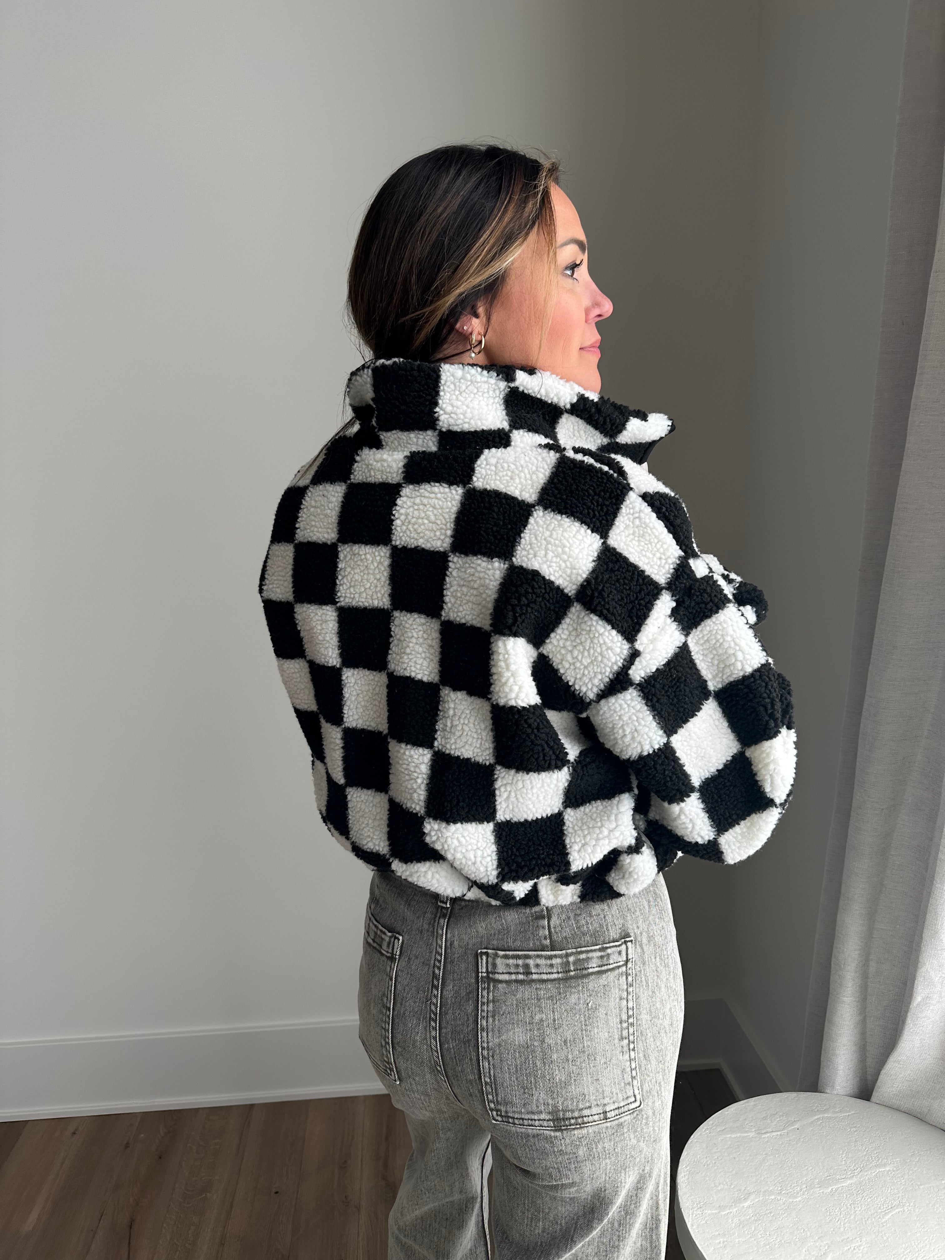 Black Checkered Cropped Sherpa Jacket