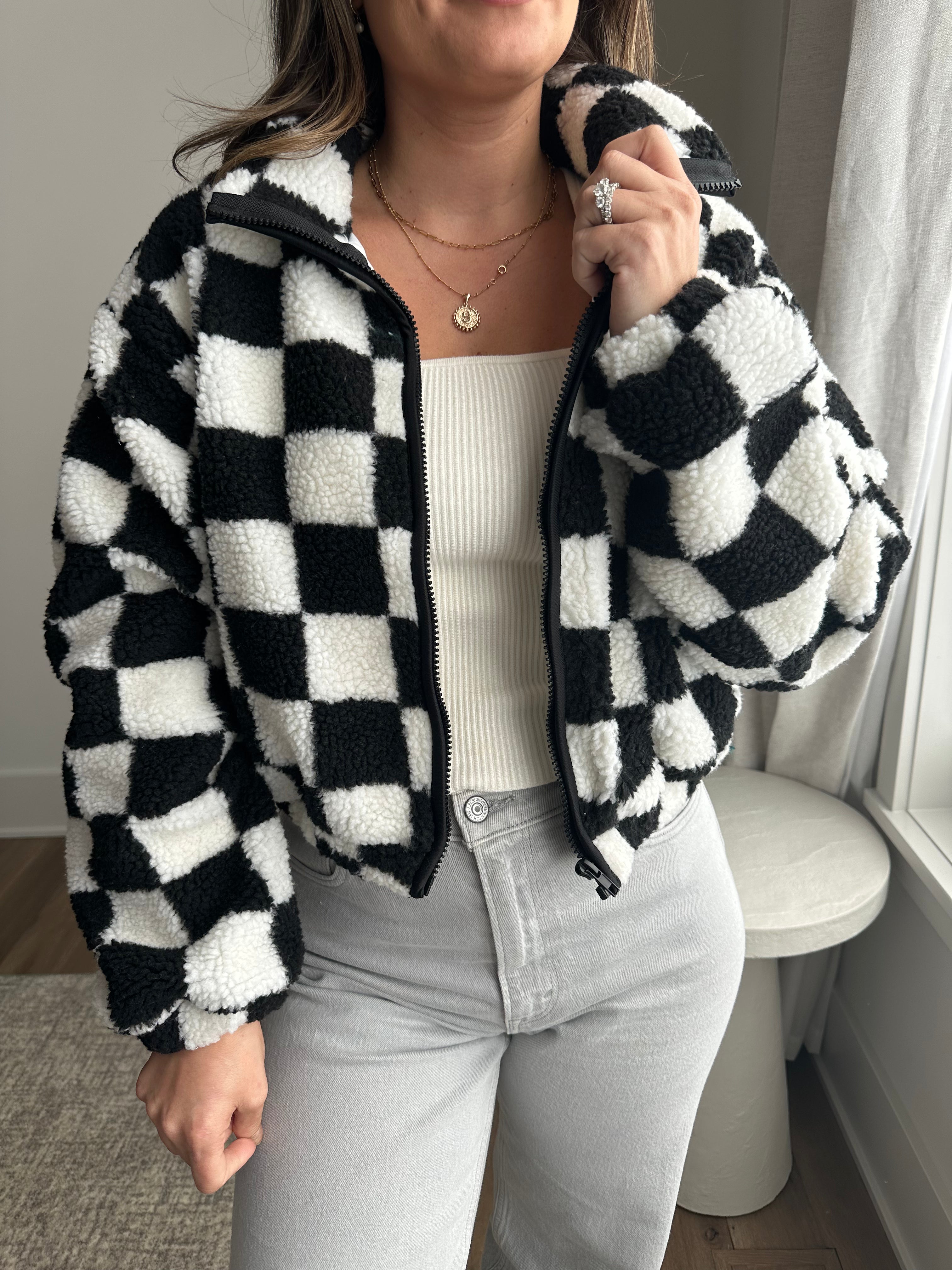 Black Checkered Cropped Sherpa Jacket