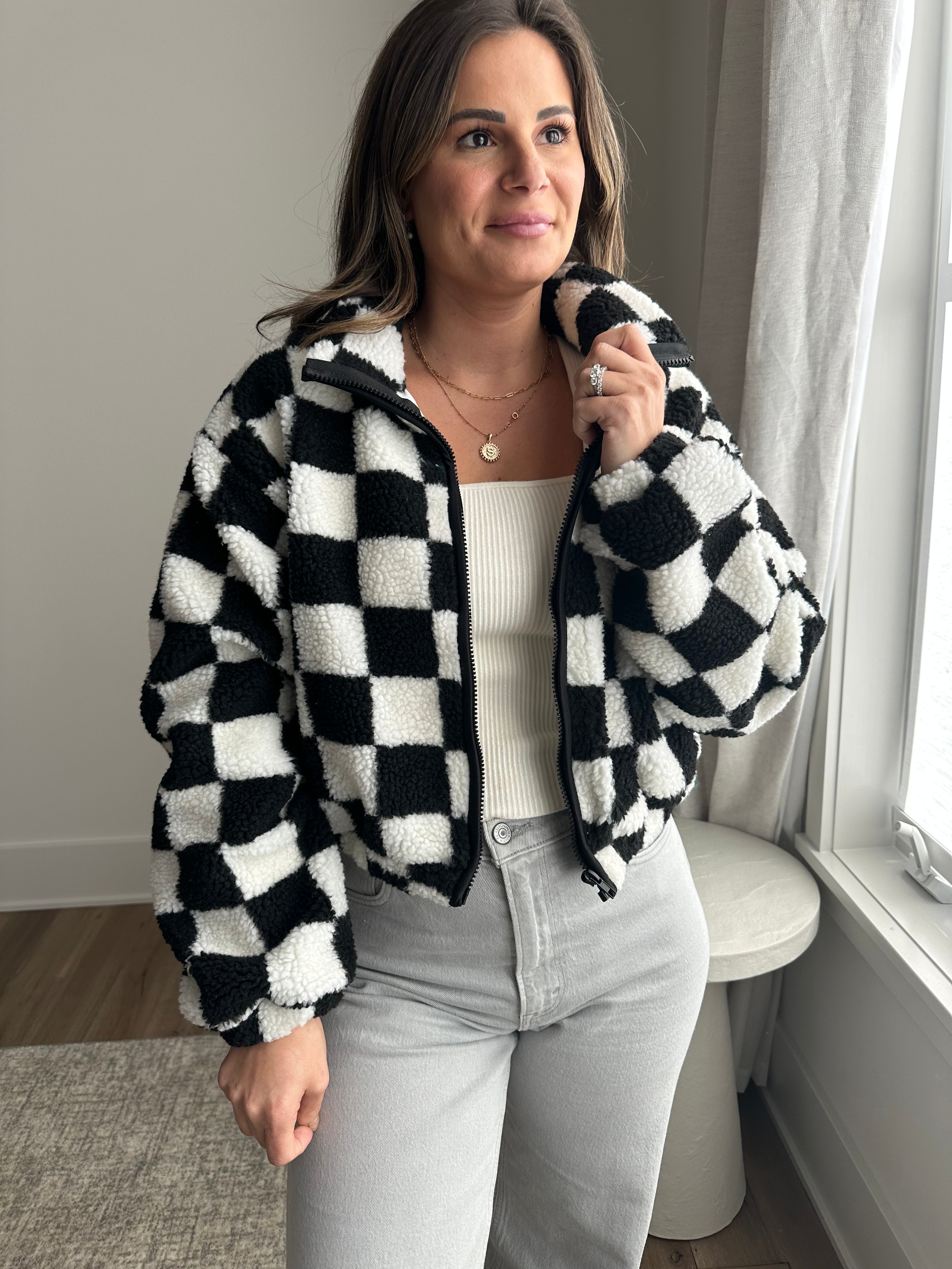 Black Checkered Cropped Sherpa Jacket