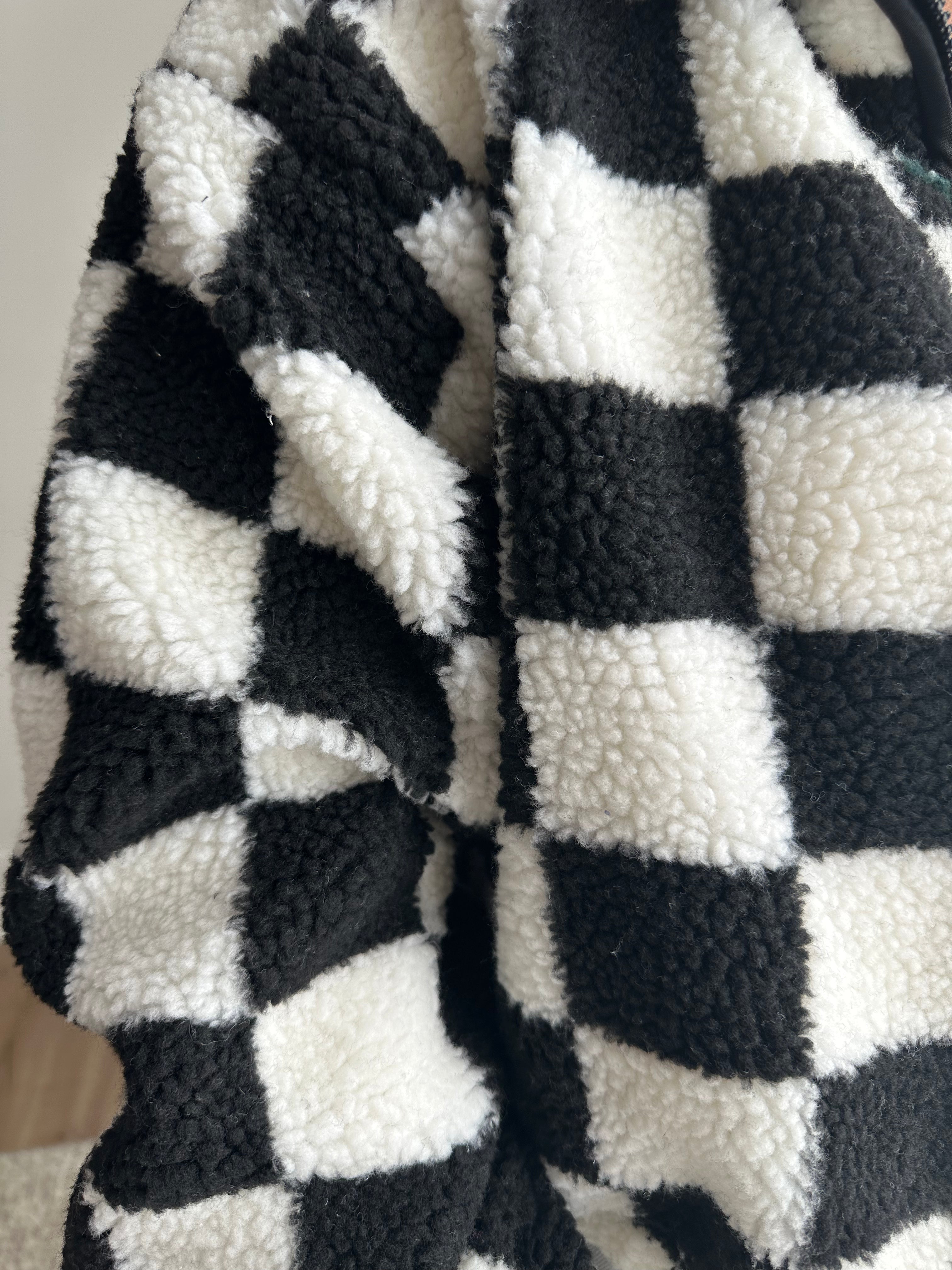 Black Checkered Cropped Sherpa Jacket