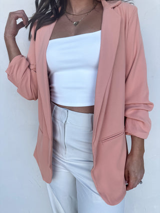 Peach Open-Front Ruched Sleeve Blazer
