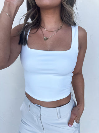 White Double-Lined Square Neck Ribbed Tank