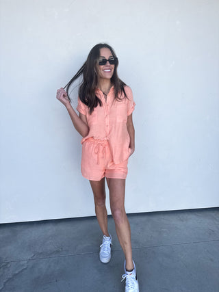 Peach Linen Two-Piece Shorts and Button-Down Set