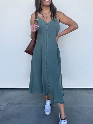 Washed Green Button-Front Midi Dress