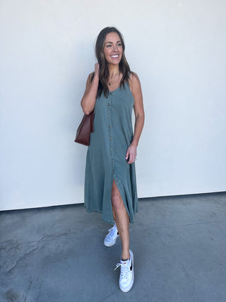 Washed Green Button-Front Midi Dress