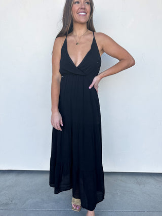 Black Tiered Maxi Dress with Criss-Cross Back