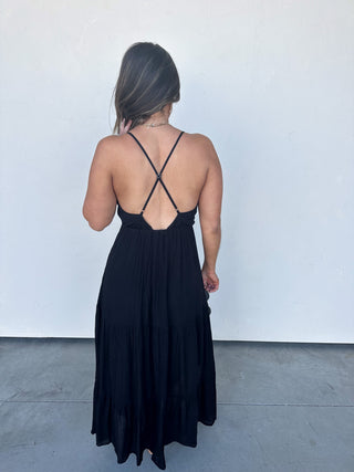 Black Tiered Maxi Dress with Criss-Cross Back