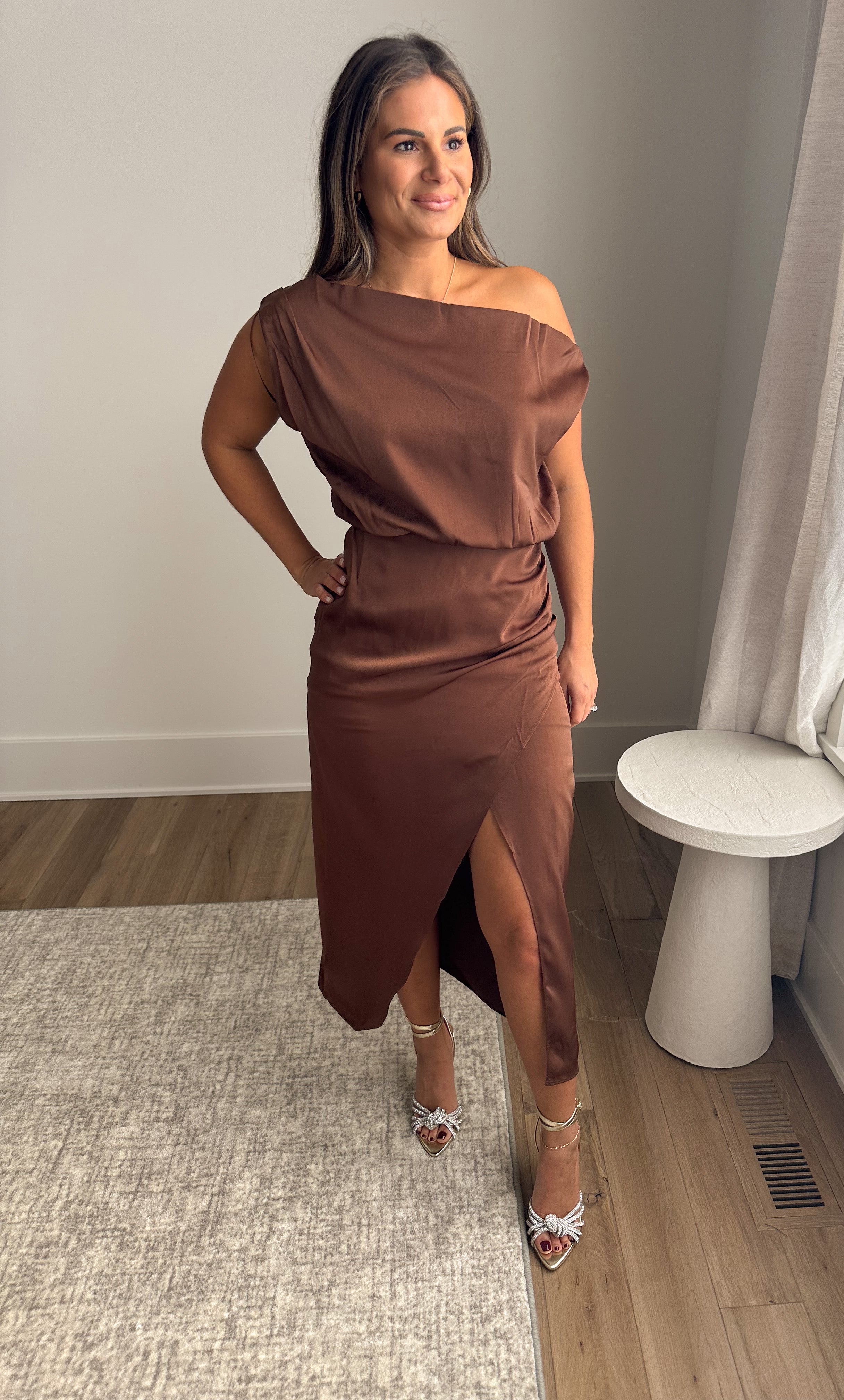 Chocolate Satin One-Shoulder Midi Dress