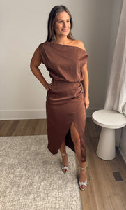 Chocolate Satin One-Shoulder Midi Dress