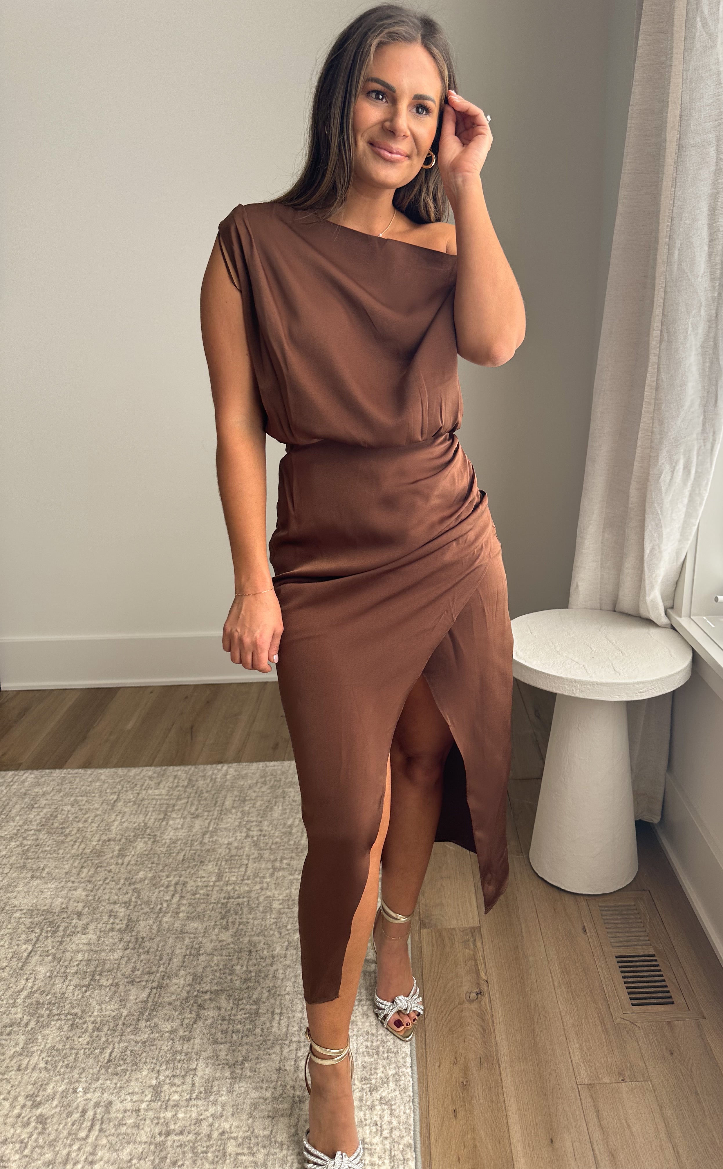 Chocolate Satin One-Shoulder Midi Dress