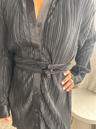 Black Textured Satin Shirt Dress with Belt