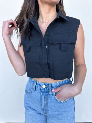 Black Button-Front Cropped Cargo Top