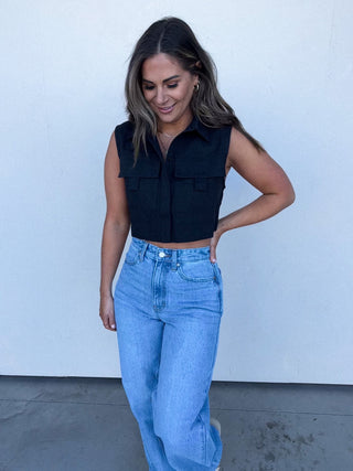 Black Button-Front Cropped Cargo Top