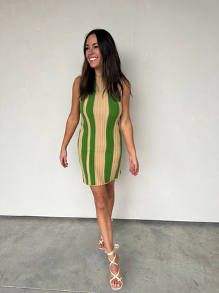 Green/Taupe Striped Sleeveless Knit Dress