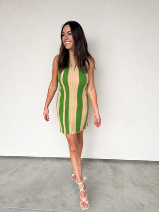Green/Taupe Striped Sleeveless Knit Dress
