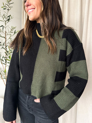 Olive/Black Mock-Neck Striped Sweater