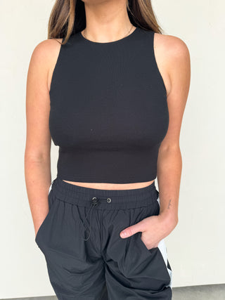 The Essential Black Ribbed High-Neck Cropped Tank