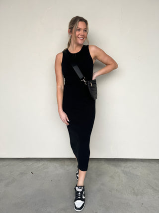 The Essential Black Ribbed Midi Dress