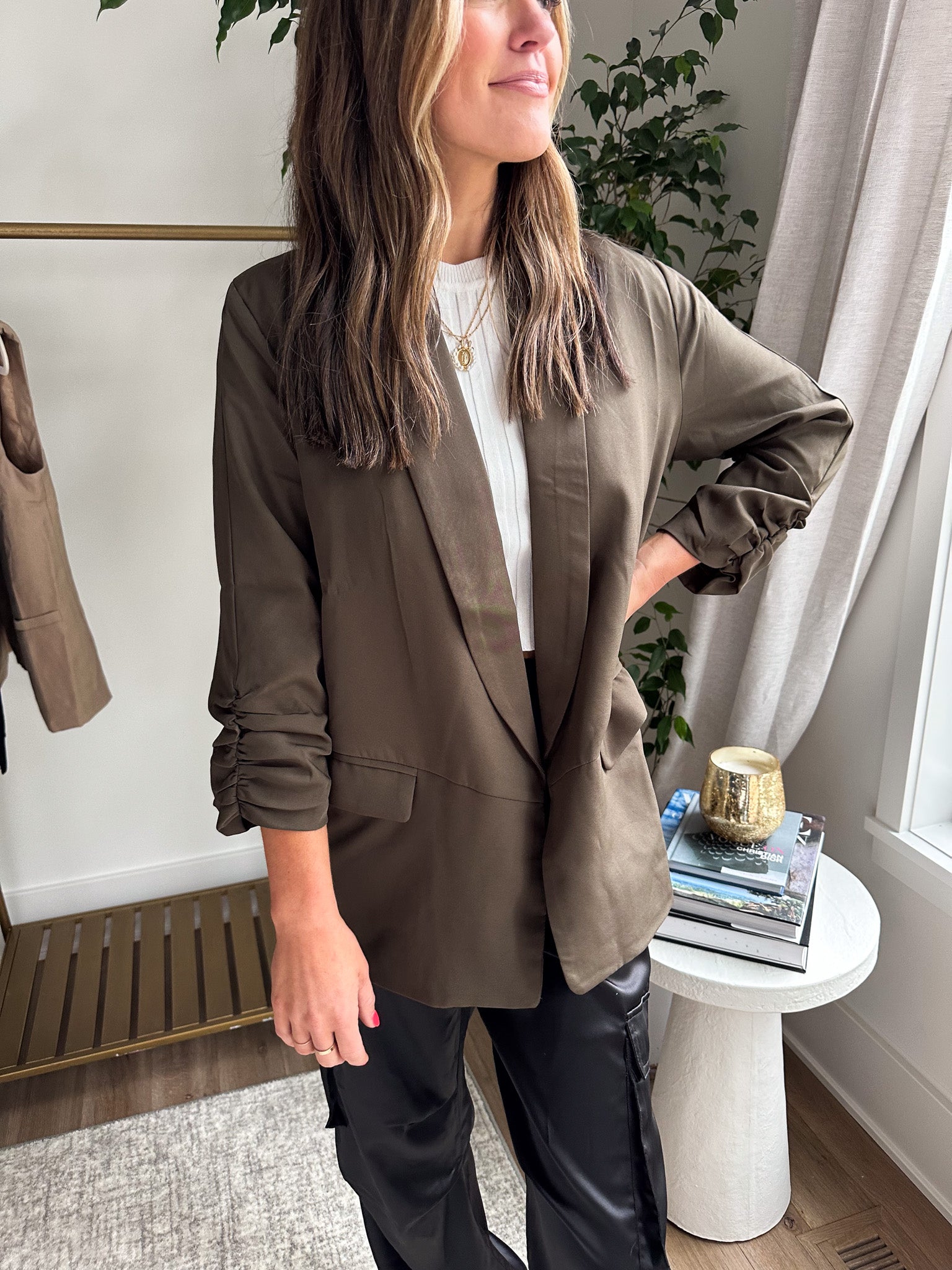 Olive Boyfriend Blazer with Cinched Sleeve