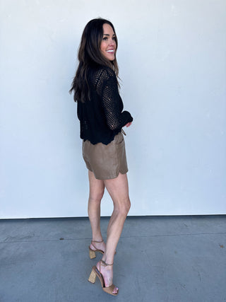 Brown Faux Leather Shorts with Elastic Waist