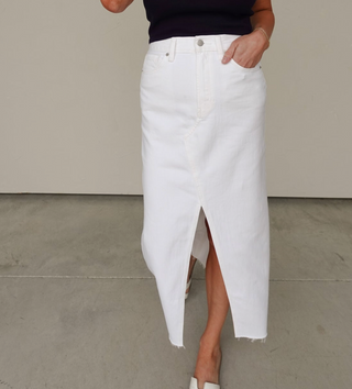 White High-Waisted Denim Midi Skirt