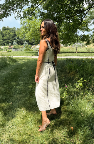 Ivory Square-Neck Dress with Black Piping